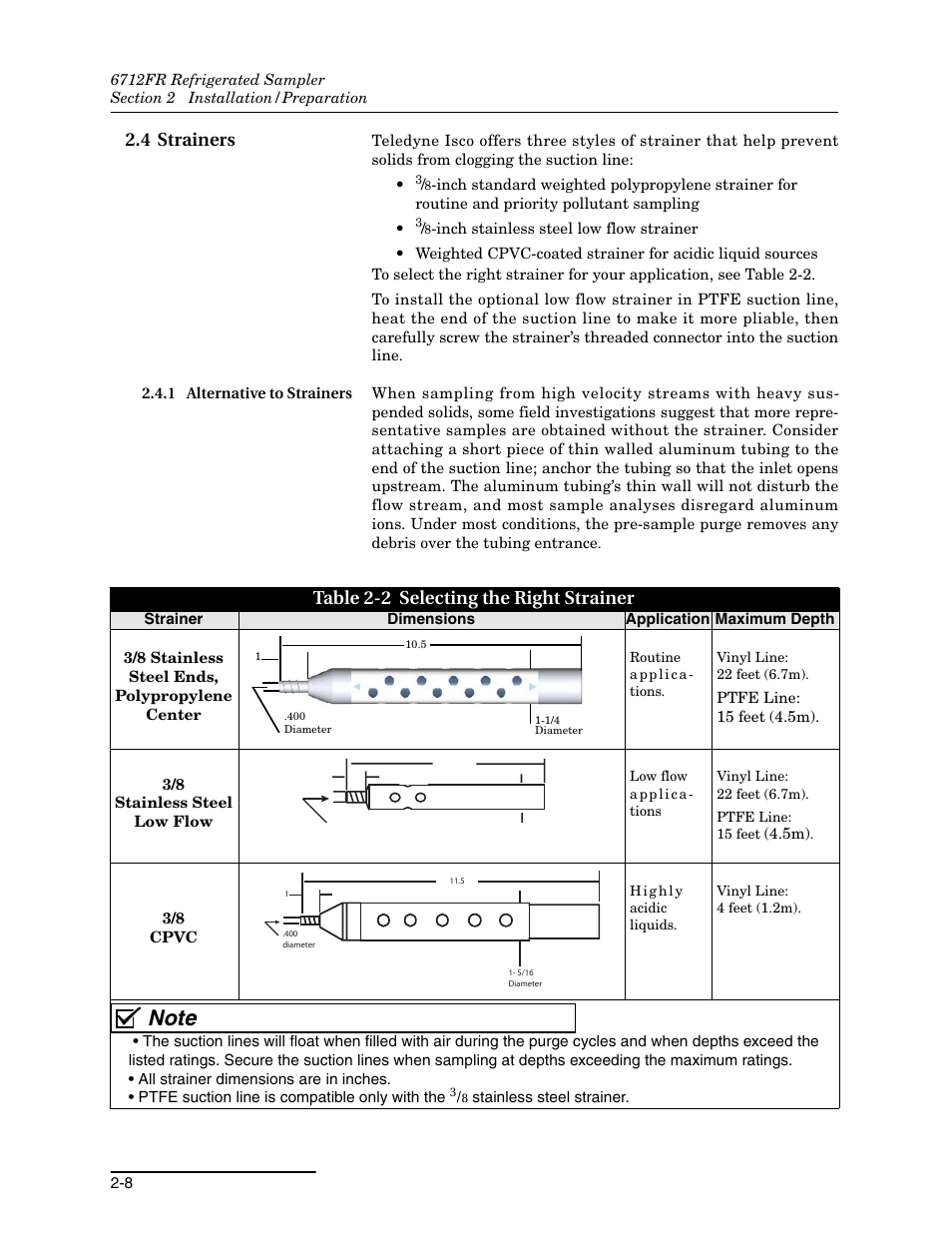 4 strainers, 1 alternative to strainers, 4 strainers -8 | 1 alternative to strainers -8, 2 selecting the right strainer -8, Table 2-2 selecting the right strainer | Teledyne Refrigerated Sampler 6712FR User Manual | Page 38 / 244