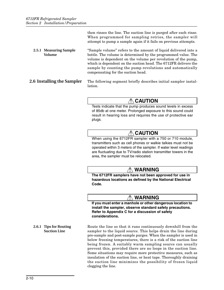 1 measuring sample volume, 6 installing the sampler, 1 tips for routing suction line | 1 measuring sample volume -10, 6 installing the sampler -10, 1 tips for routing suction line -10, Caution, Warning | Teledyne Refrigerated Sampler 6712FR User Manual | Page 40 / 244