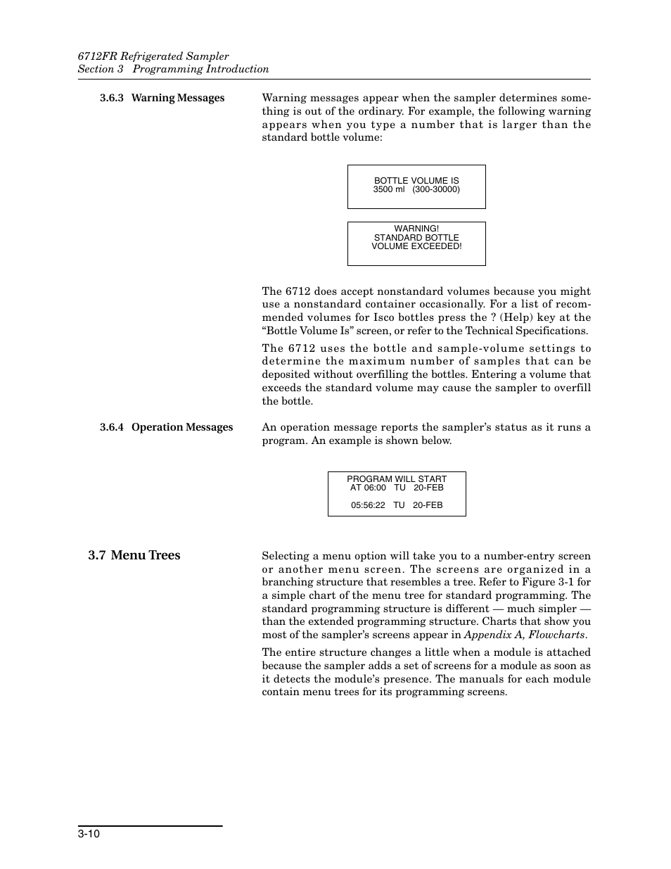 3 warning messages, 4 operation messages, 7 menu trees | 7 menu trees -10 | Teledyne Refrigerated Sampler 6712FR User Manual | Page 54 / 244