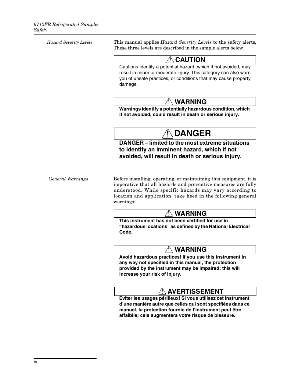 Danger, Caution, Warning | Avertissement | Teledyne Refrigerated Sampler 6712FR User Manual | Page 6 / 244