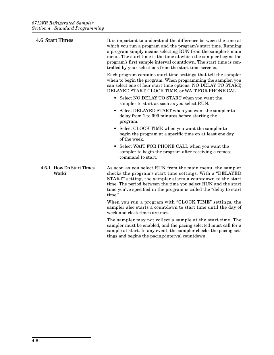 6 start times, 1 how do start times work, 6 start times -8 | 1 how do start times work? -8 | Teledyne Refrigerated Sampler 6712FR User Manual | Page 64 / 244
