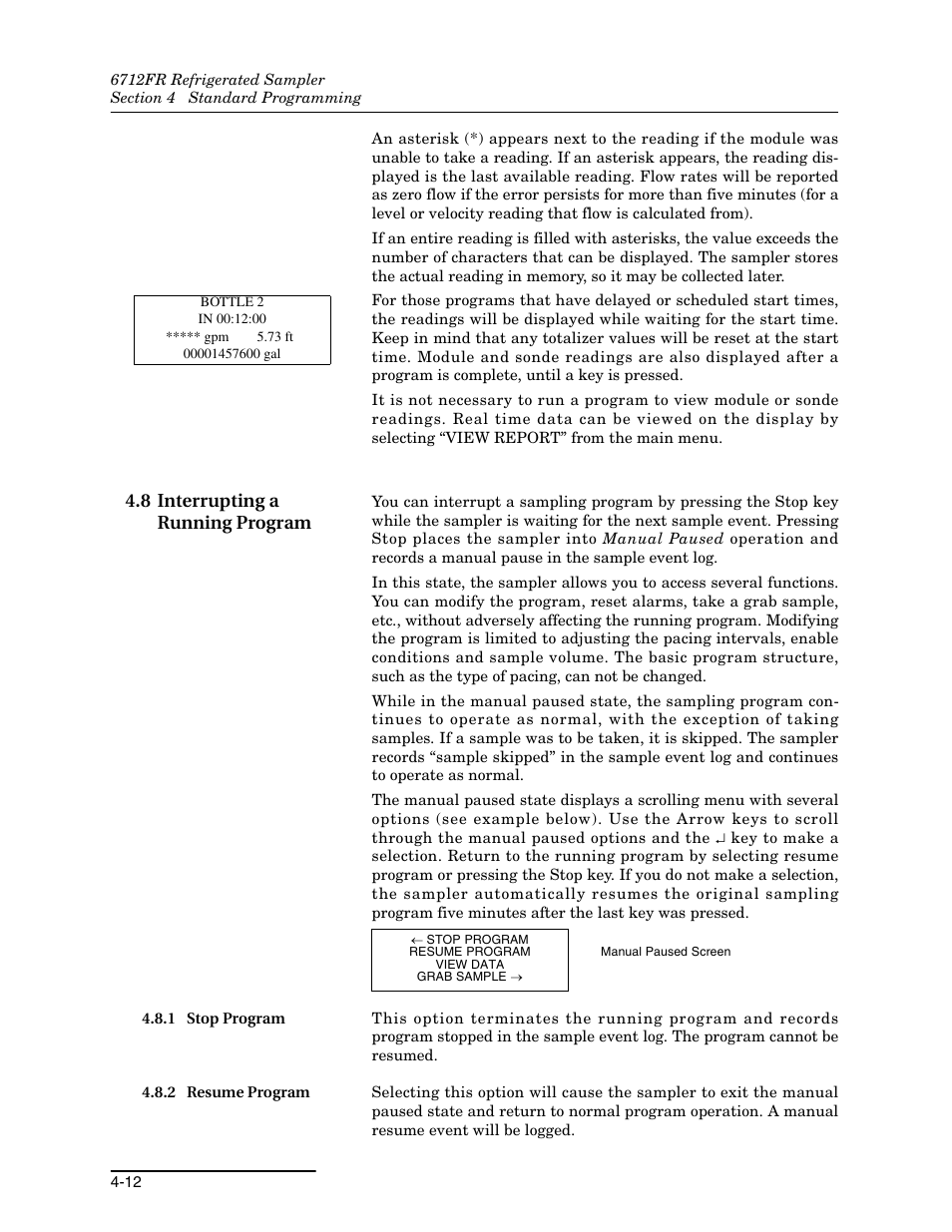 8 interrupting a running program, 1 stop program, 2 resume program | 8 interrupting a running program -12, 1 stop program -12 4.8.2 resume program -12 | Teledyne Refrigerated Sampler 6712FR User Manual | Page 68 / 244