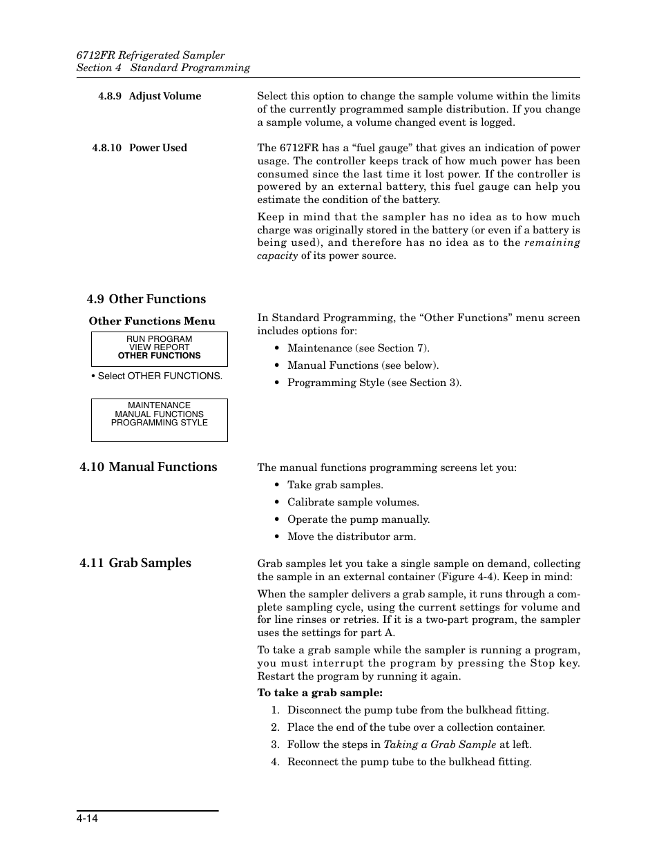 9 adjust volume, 10 power used, 9 other functions | 10 manual functions, 11 grab samples, 9 adjust volume -14 4.8.10 power used -14 | Teledyne Refrigerated Sampler 6712FR User Manual | Page 70 / 244