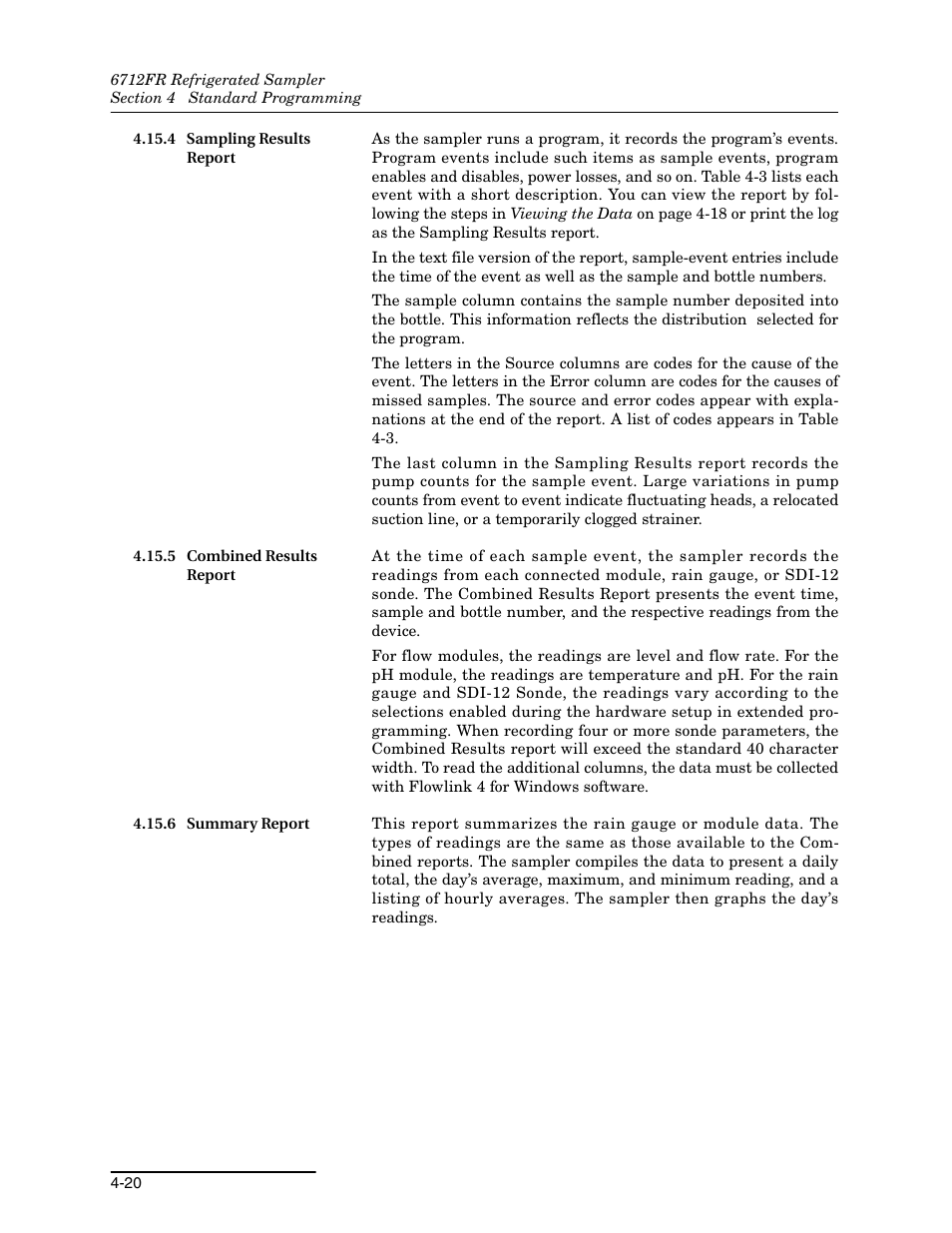 4 sampling results report, 5 combined results report, 6 summary report | Teledyne Refrigerated Sampler 6712FR User Manual | Page 76 / 244