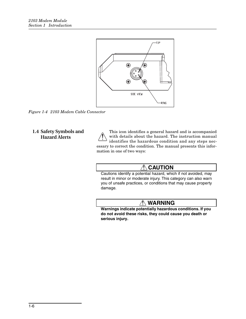 4 safety symbols and hazard alerts, 4 safety symbols and hazard alerts -6, 4 2103 modem cable connector -6 | Caution, Warning | Teledyne 2103 User Manual | Page 12 / 68