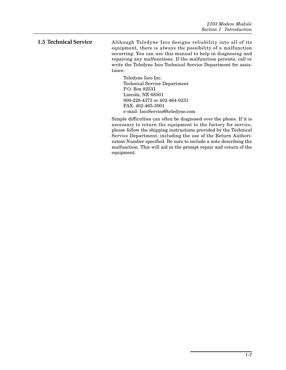 5 technical service, 5 technical service -7 | Teledyne 2103 User Manual | Page 13 / 68