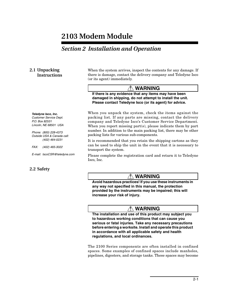 Section 2 installation and operation, 1 unpacking instructions, 2 safety | 1 unpacking instructions -1 2.2 safety -1, 2103 modem module, Warning | Teledyne 2103 User Manual | Page 15 / 68