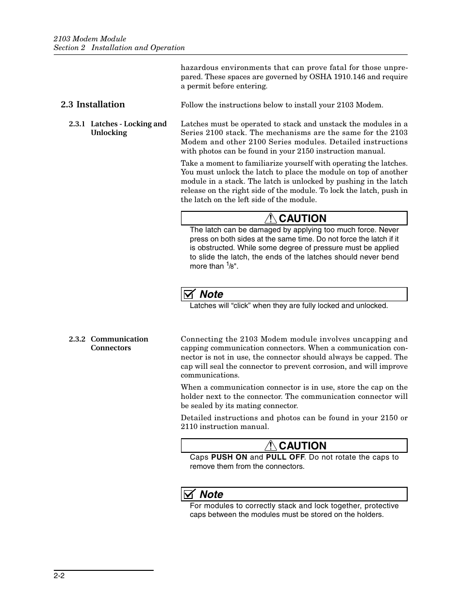 3 installation, 1 latches - locking and unlocking, 2 communication connectors | 3 installation -2, Caution | Teledyne 2103 User Manual | Page 16 / 68