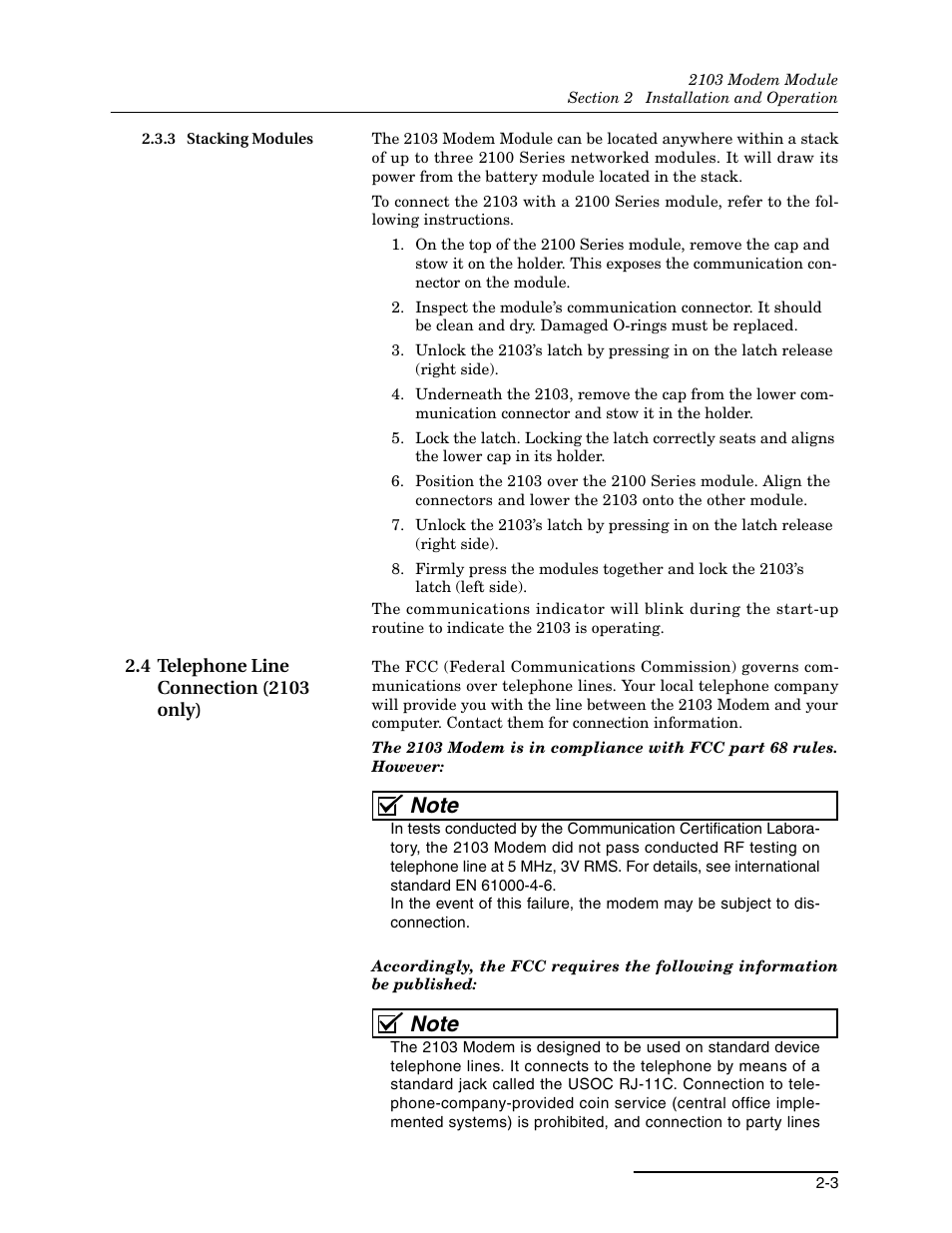 3 stacking modules, 4 telephone line connection (2103 only), 3 stacking modules -3 | 4 telephone line connection (2103 only) -3 | Teledyne 2103 User Manual | Page 17 / 68