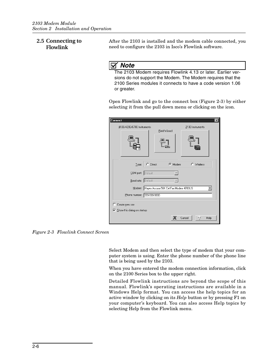 5 connecting to flowlink, 5 connecting to flowlink -6, 3 flowlink connect screen -6 | Teledyne 2103 User Manual | Page 20 / 68