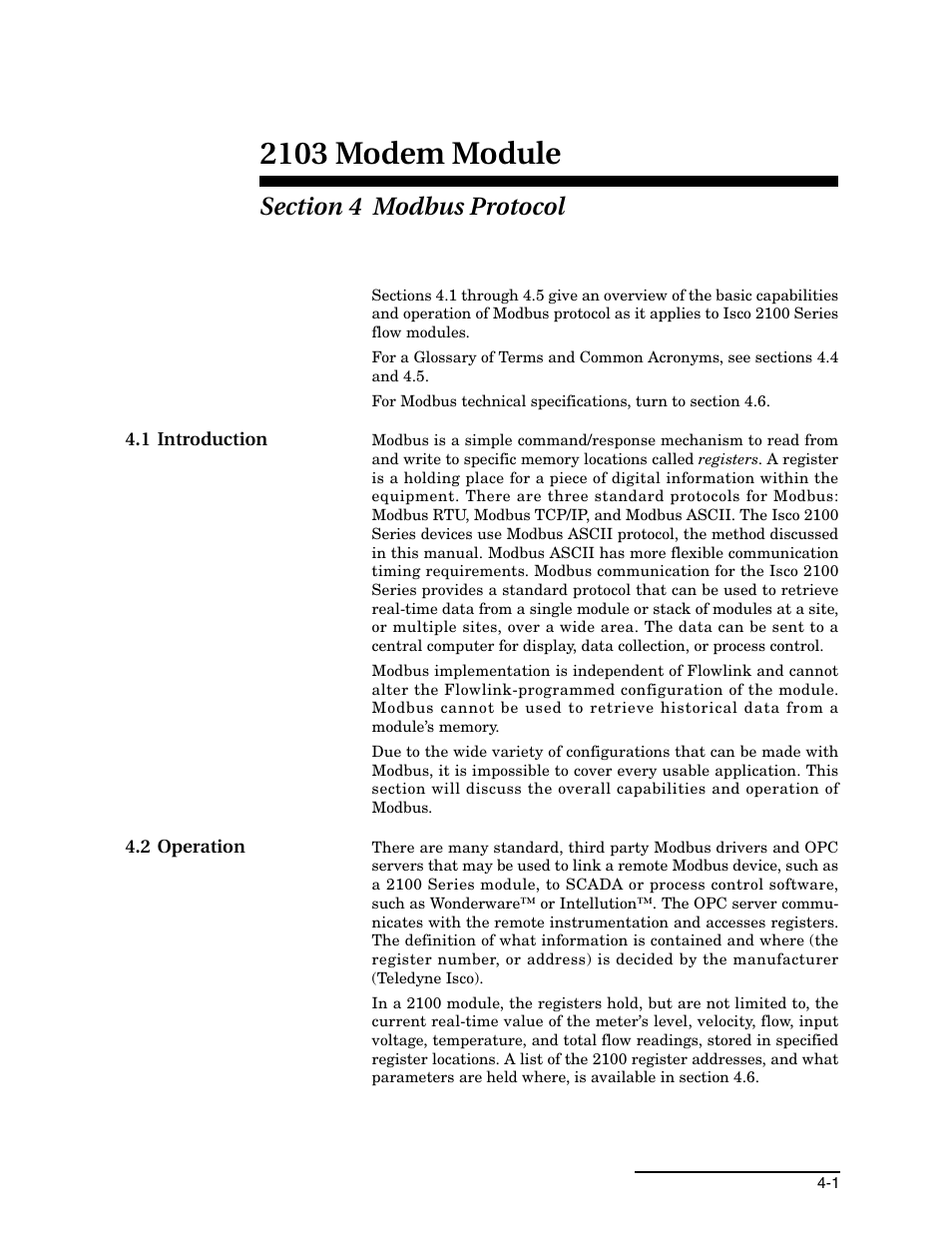 Section 4 modbus protocol, 1 introduction, 2 operation | 1 introduction -1 4.2 operation -1, 2103 modem module | Teledyne 2103 User Manual | Page 27 / 68