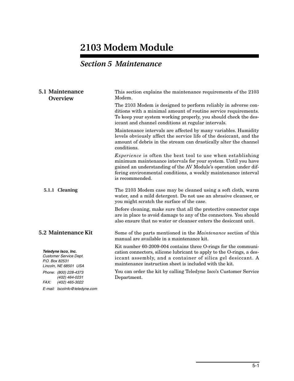 Section 5 maintenance, 1 maintenance overview, 1 cleaning | 2 maintenance kit, 1 maintenance overview -1, 1 cleaning -1, 2 maintenance kit -1, 2103 modem module | Teledyne 2103 User Manual | Page 37 / 68