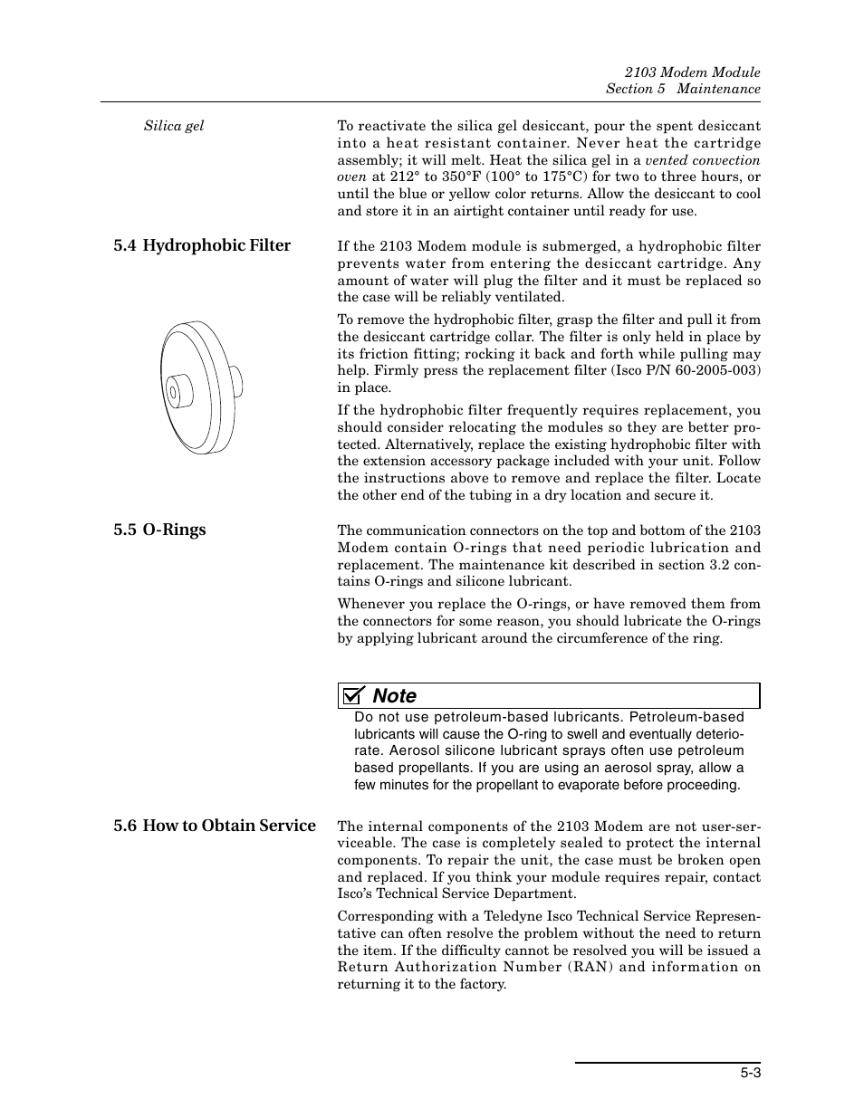 4 hydrophobic filter, 5 o-rings, 6 how to obtain service | Teledyne 2103 User Manual | Page 39 / 68