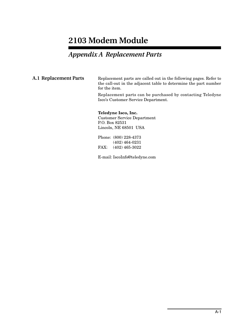 Appendix a replacement parts, A.1 replacement parts, 2103 modem module | Teledyne 2103 User Manual | Page 41 / 68