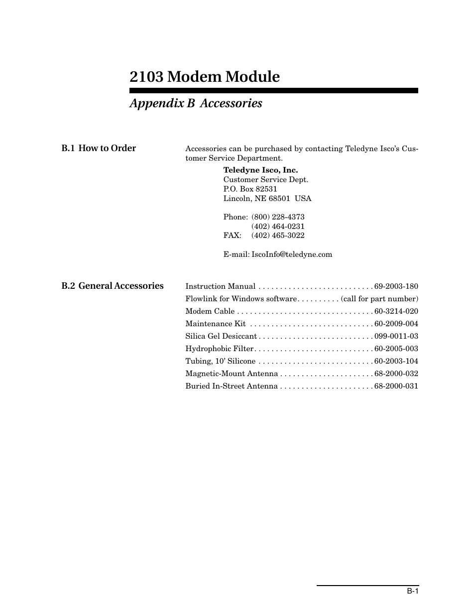 Appendix b accessories, B.1 how to order, B.2 general accessories | 2103 modem module | Teledyne 2103 User Manual | Page 53 / 68