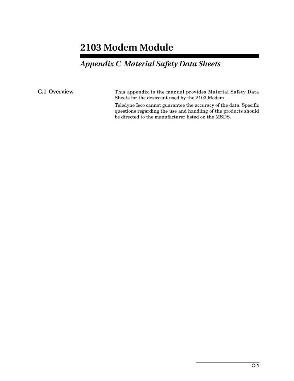 Appendix c material safety data sheets, C.1 overview, 2103 modem module | Teledyne 2103 User Manual | Page 55 / 68