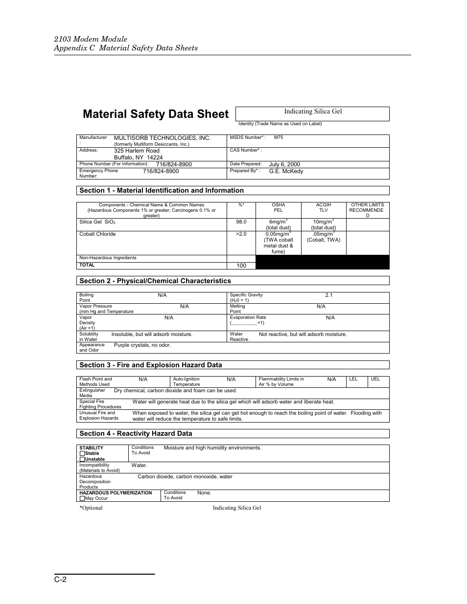 Material safety data sheet, Indicating silica gel | Teledyne 2103 User Manual | Page 56 / 68