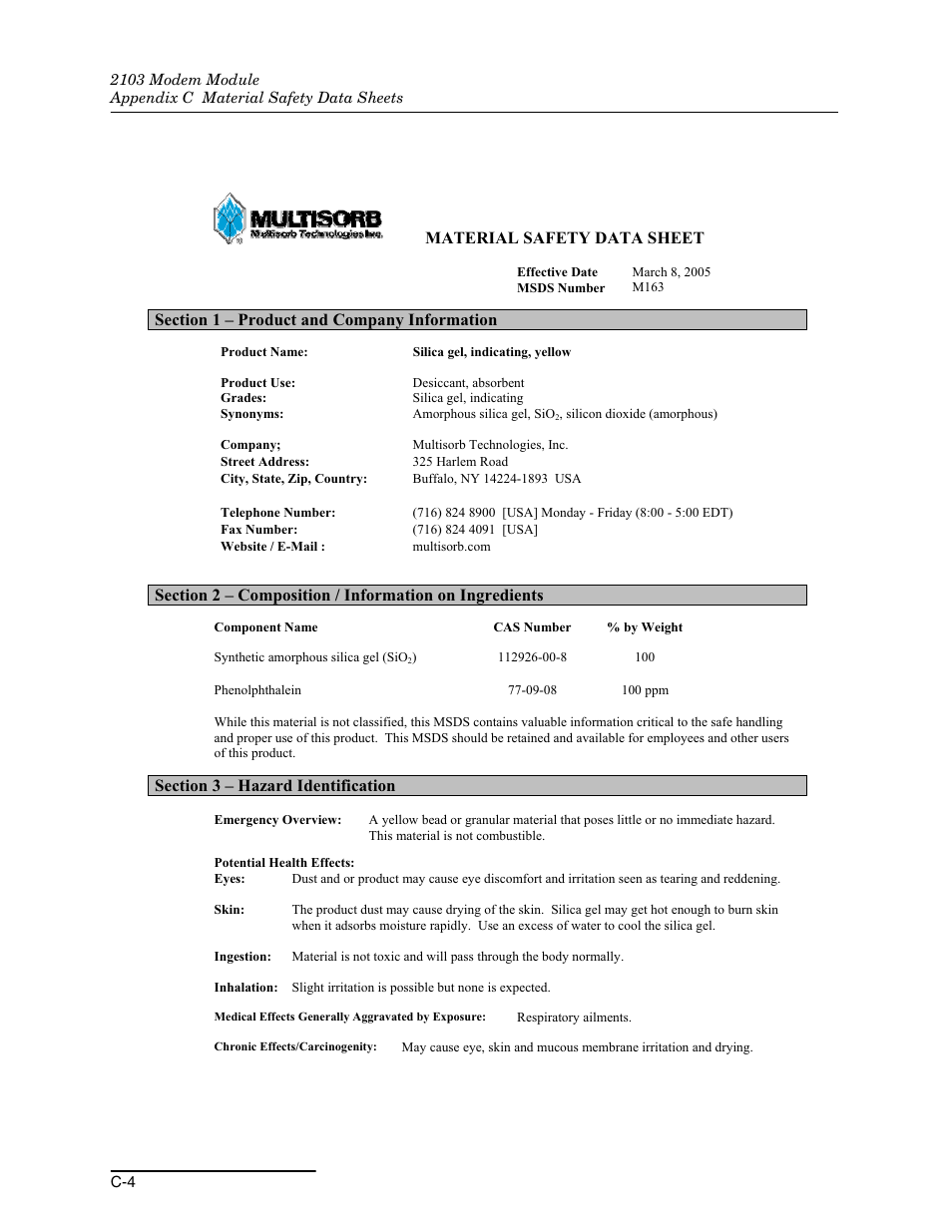 Material safety data sheet | Teledyne 2103 User Manual | Page 58 / 68