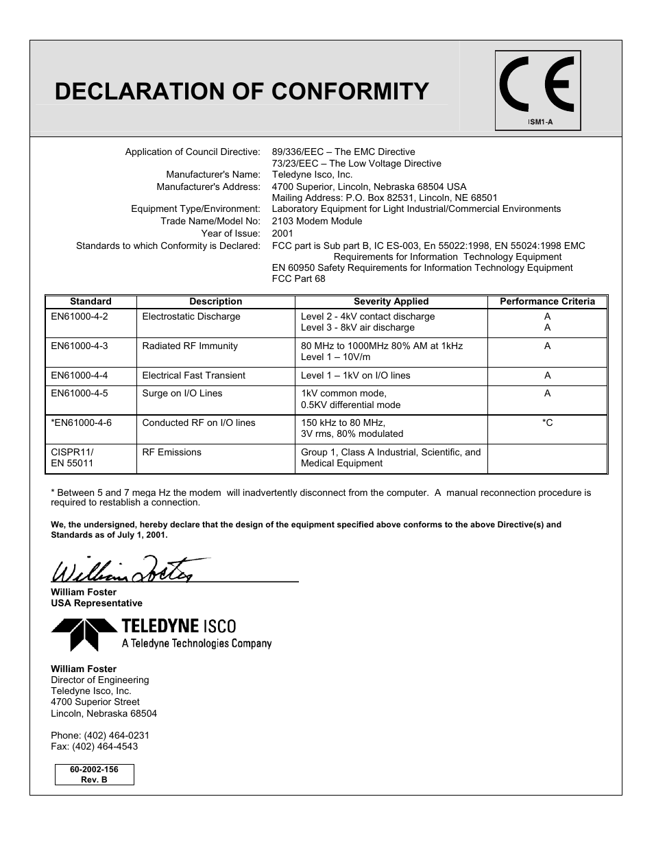 Compliance statements, Declaration of conformity, Ce declar ati on of conf orm ity | Teledyne 2103 User Manual | Page 63 / 68