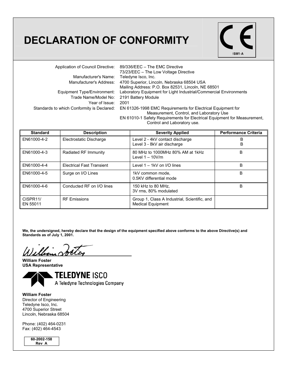 Declaration of conformity, Ce declar ati on of conf orm ity | Teledyne 2103 User Manual | Page 65 / 68