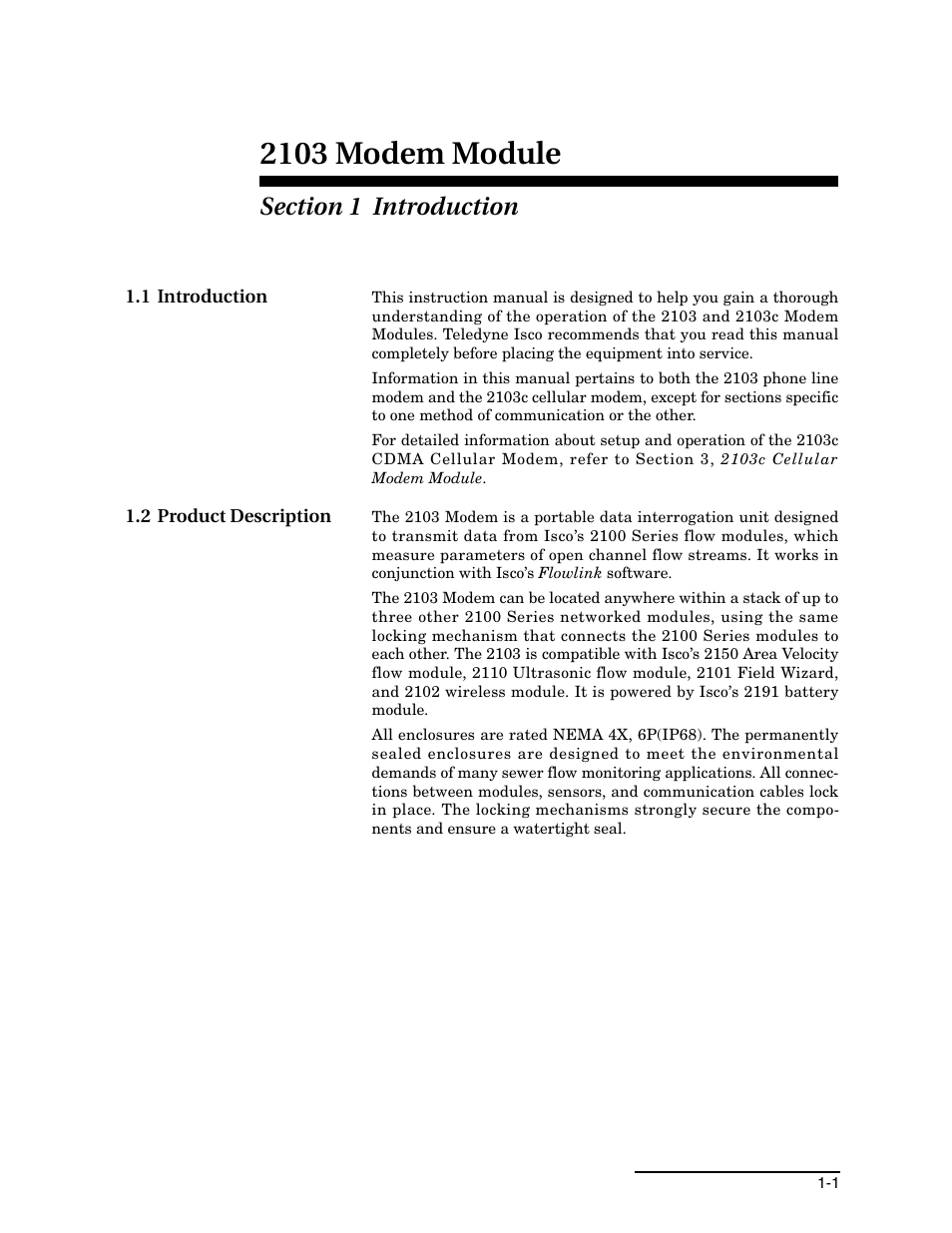 Section 1 introduction, 1 introduction, 2 product description | 1 introduction -1 1.2 product description -1, 2103 modem module | Teledyne 2103 User Manual | Page 7 / 68