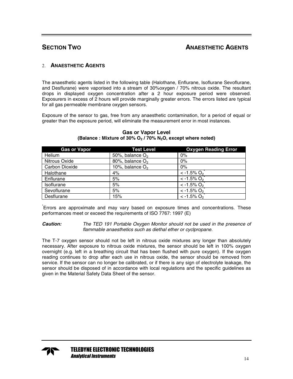 Section two anaesthetic agents, Teledyne electronic technologies | Teledyne TED 191 User Manual | Page 14 / 30