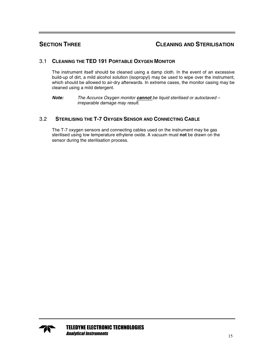 Section three cleaning and sterilisation, 1 cleaning the ted 191 portable oxygen monitor | Teledyne TED 191 User Manual | Page 15 / 30