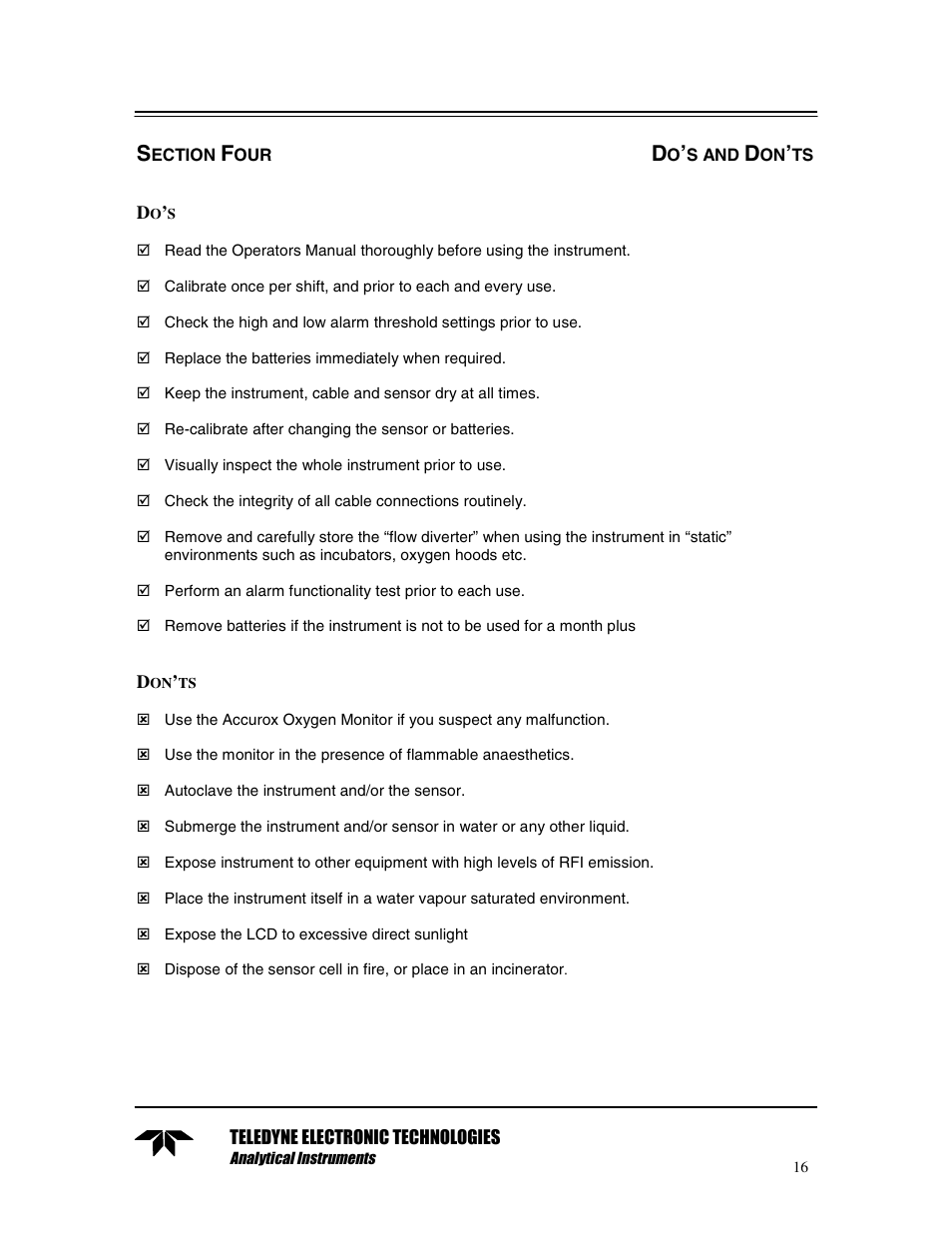 Section four do’s and don’ts, Do’s | Teledyne TED 191 User Manual | Page 16 / 30