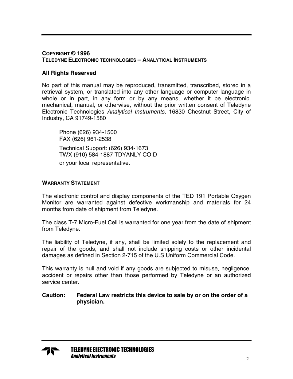 All rights reserved, Warranty statement | Teledyne TED 191 User Manual | Page 2 / 30