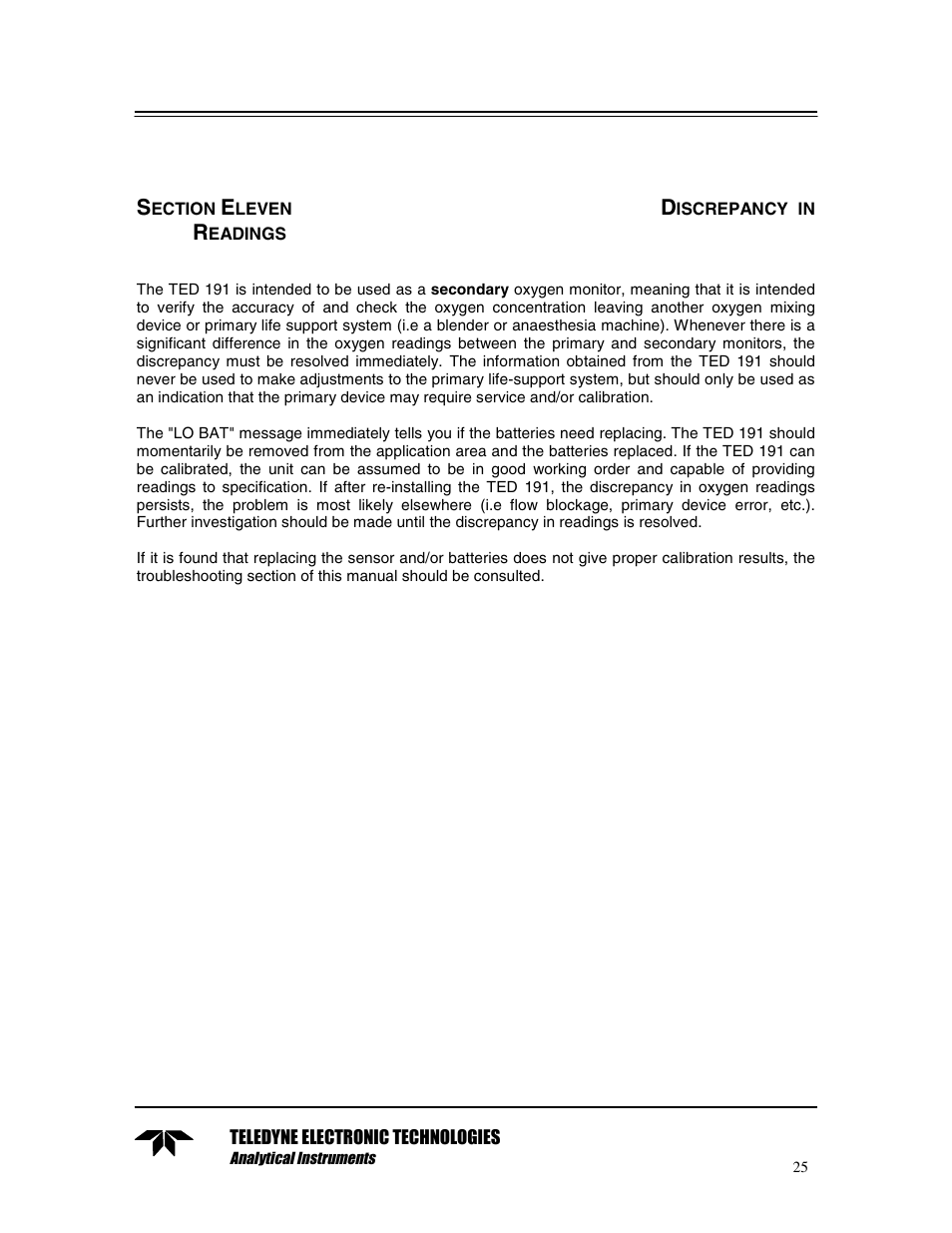 Section eleven discrepancy in readings | Teledyne TED 191 User Manual | Page 25 / 30