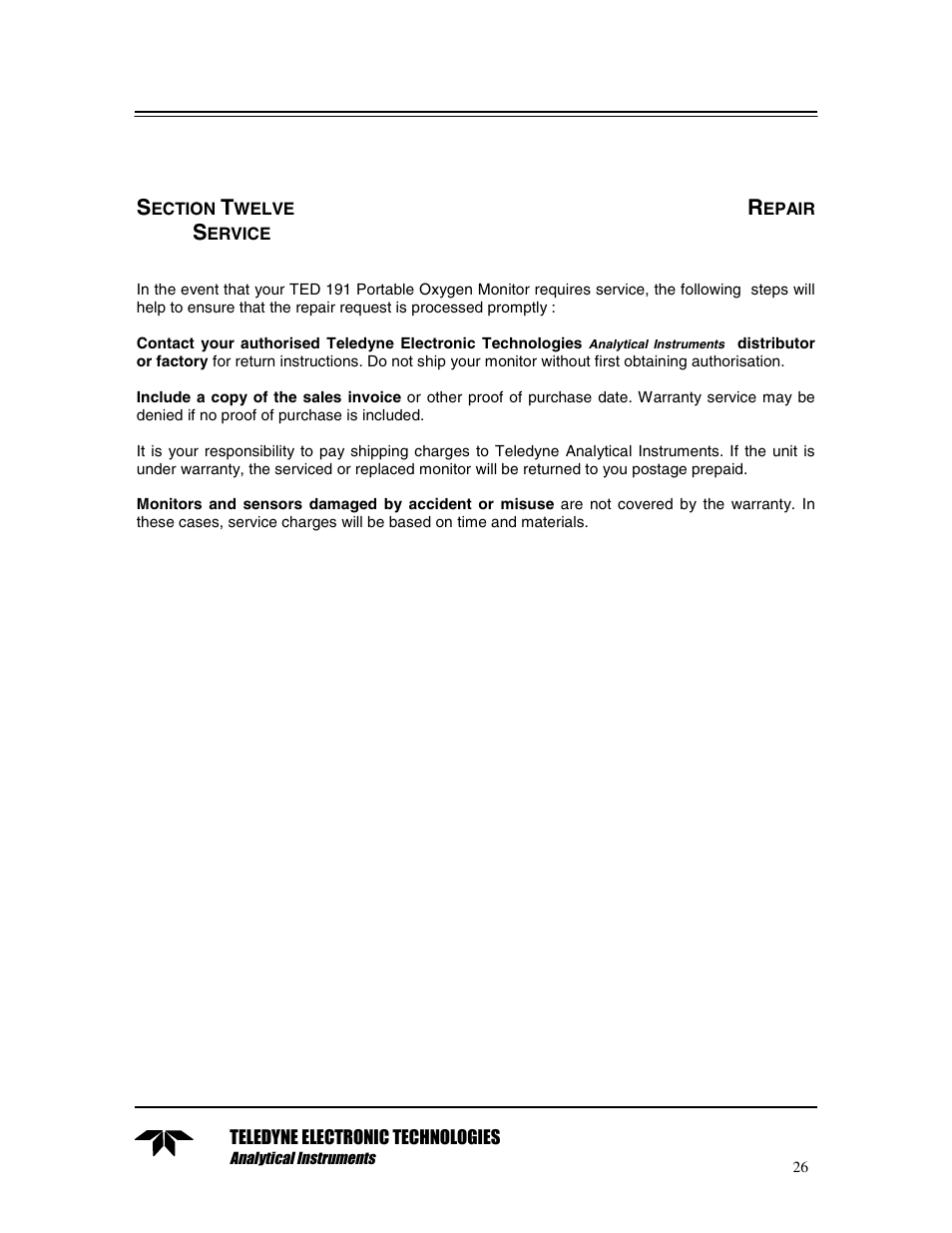 Section twelve repair service | Teledyne TED 191 User Manual | Page 26 / 30