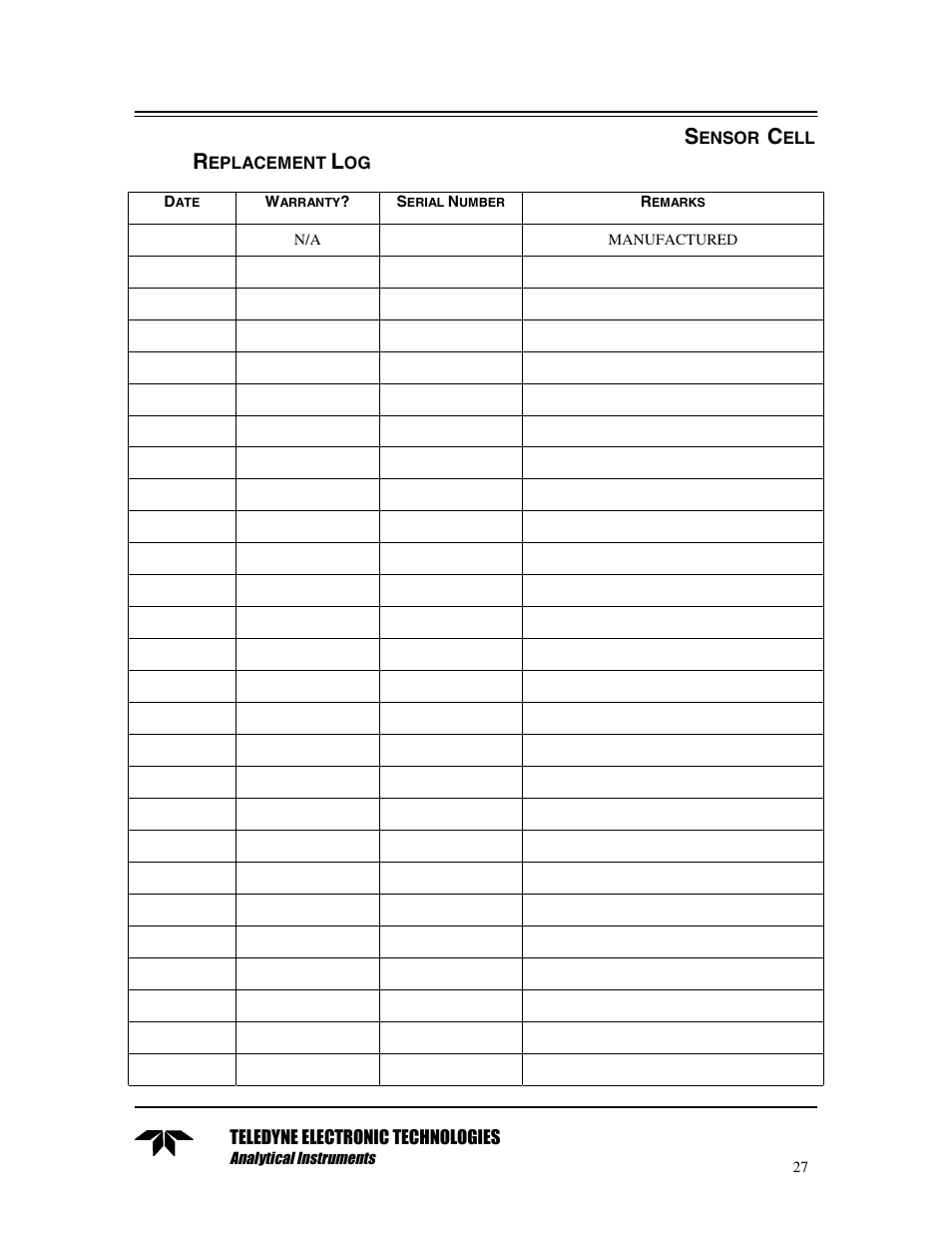 Sensor cell replacement log | Teledyne TED 191 User Manual | Page 27 / 30