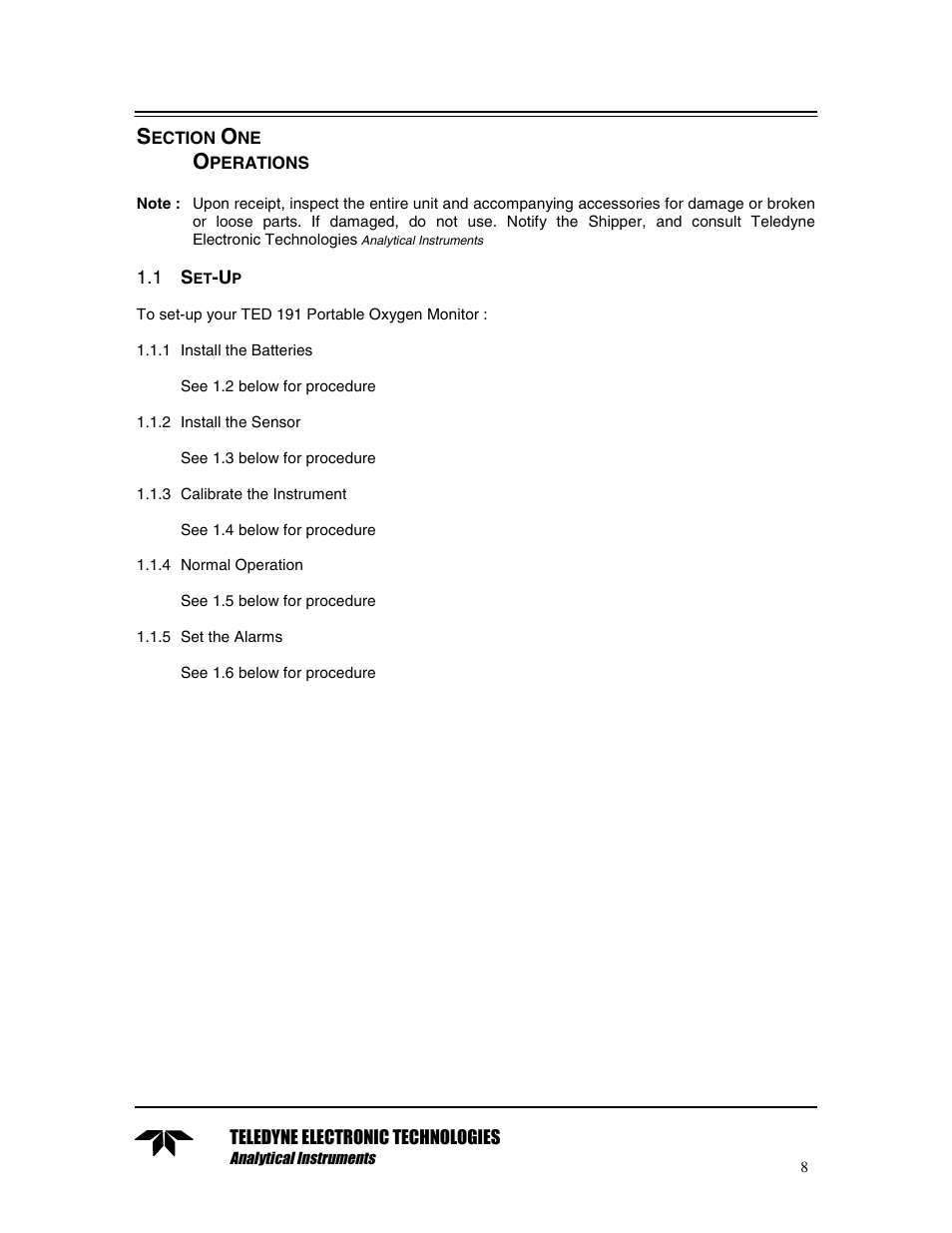 Section one operations | Teledyne TED 191 User Manual | Page 8 / 30