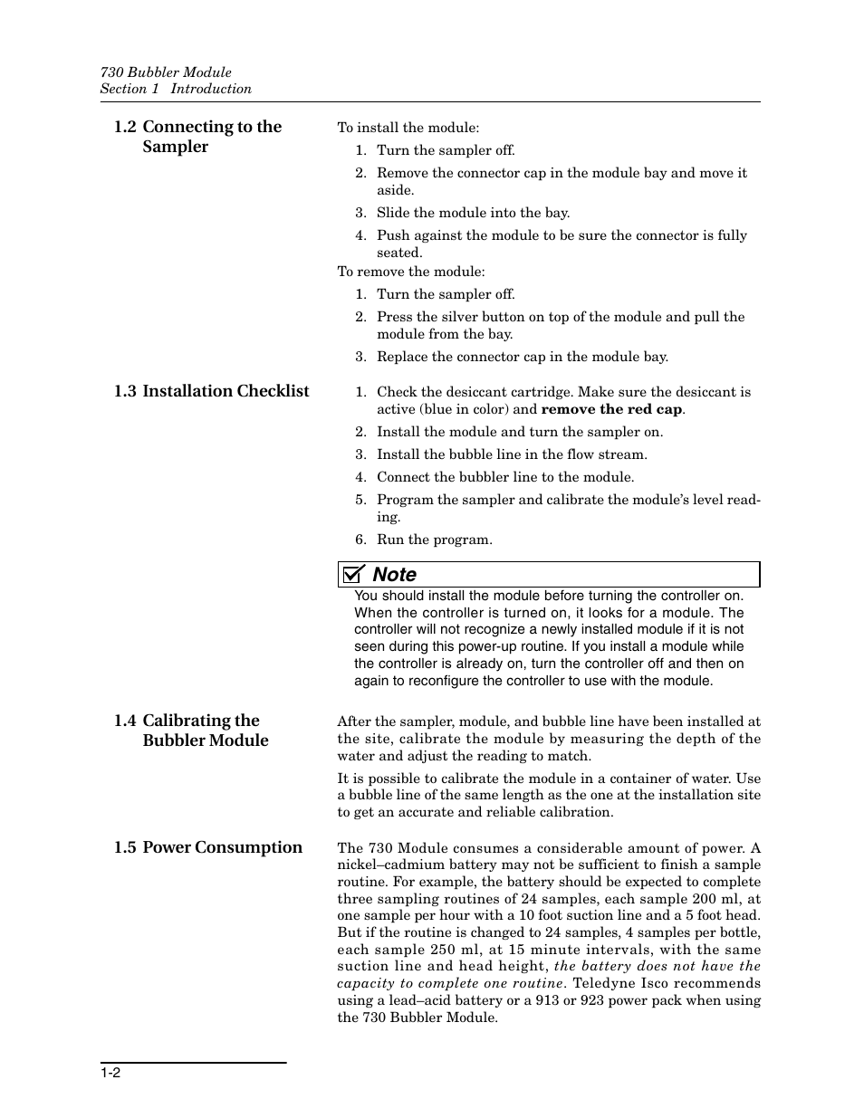 2 connecting to the sampler, 3 installation checklist, 4 calibrating the bubbler module | 5 power consumption | Teledyne 730 Bubbler User Manual | Page 10 / 44