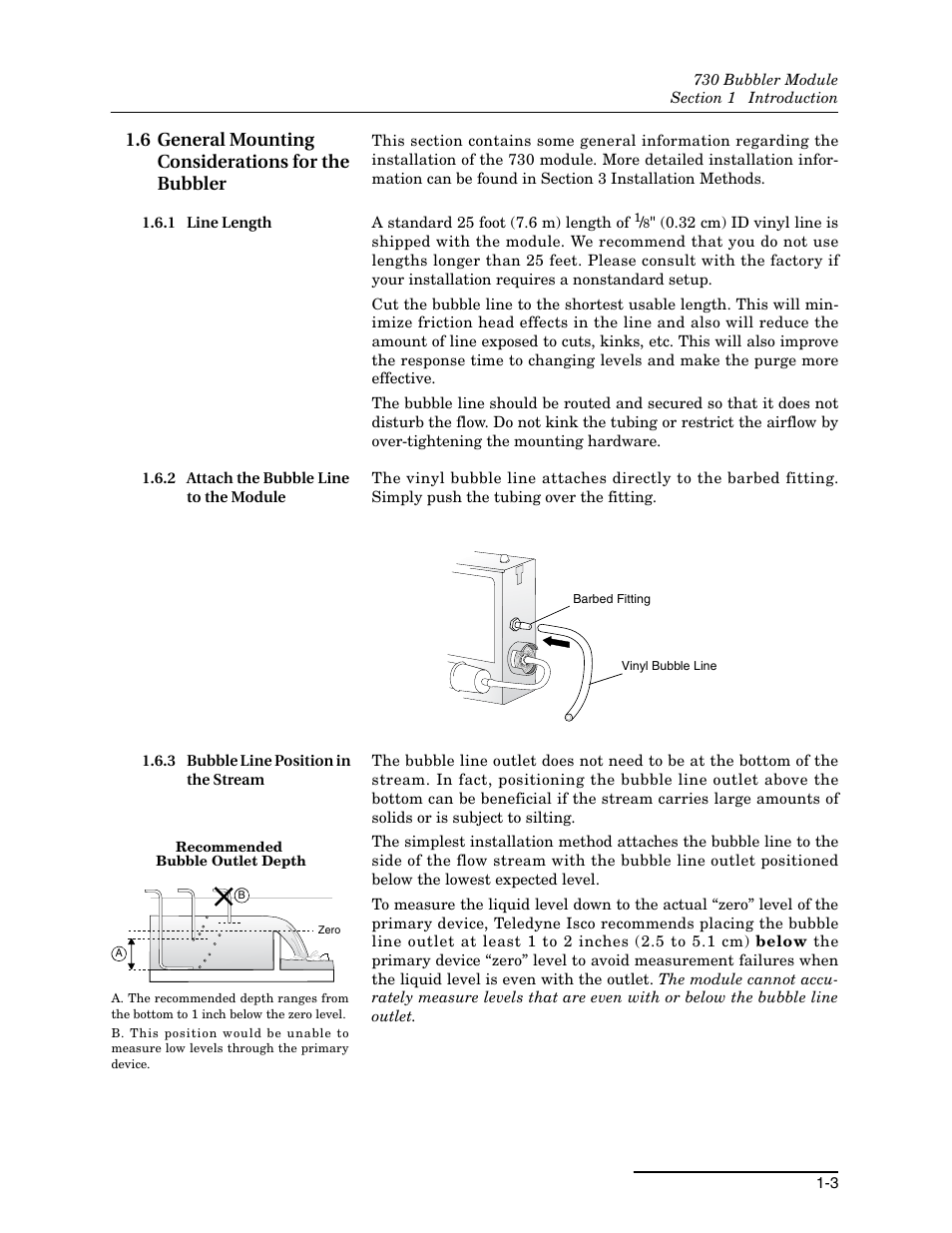 6 general mounting considerations for the bubbler, 1 line length, 2 attach the bubble line to the module | 3 bubble line position in the stream | Teledyne 730 Bubbler User Manual | Page 11 / 44