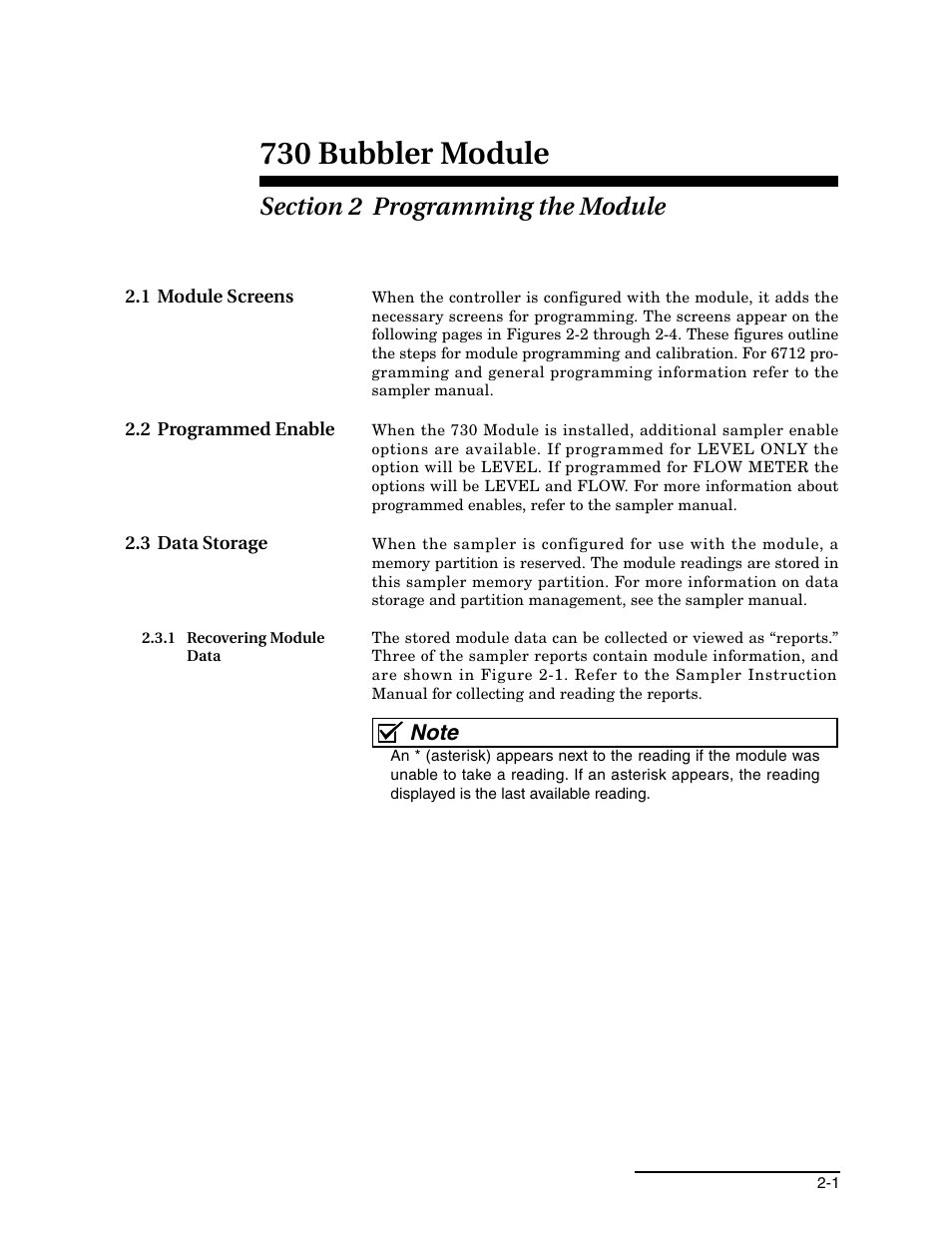 Section 2 programming the module, 1 module screens, 2 programmed enable | 3 data storage, 1 recovering module data, 1 recovering module data -1, 730 bubbler module | Teledyne 730 Bubbler User Manual | Page 13 / 44
