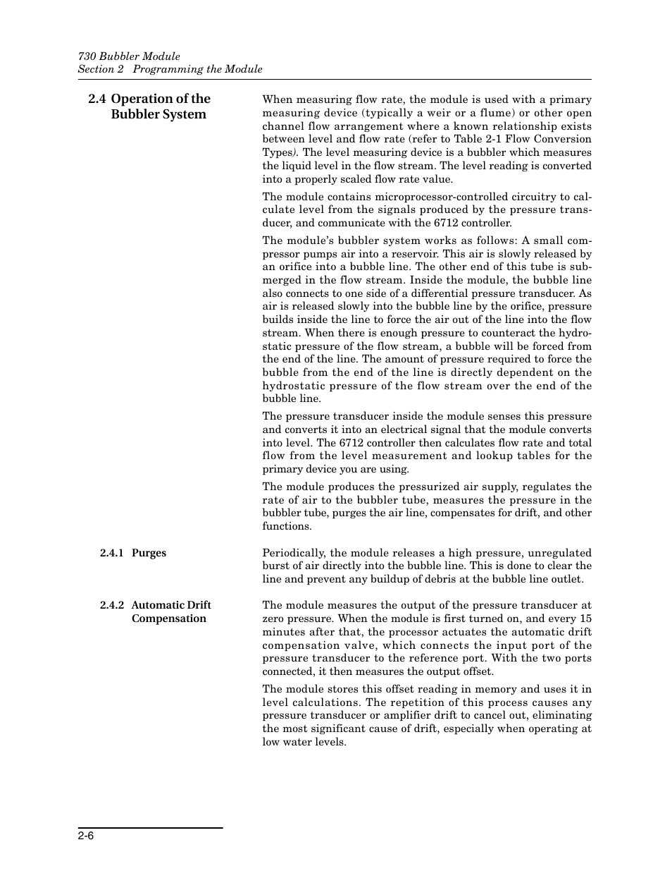 4 operation of the bubbler system, 1 purges, 2 automatic drift compensation | 4 operation of the bubbler system -6, 1 purges -6 2.4.2 automatic drift compensation -6 | Teledyne 730 Bubbler User Manual | Page 18 / 44