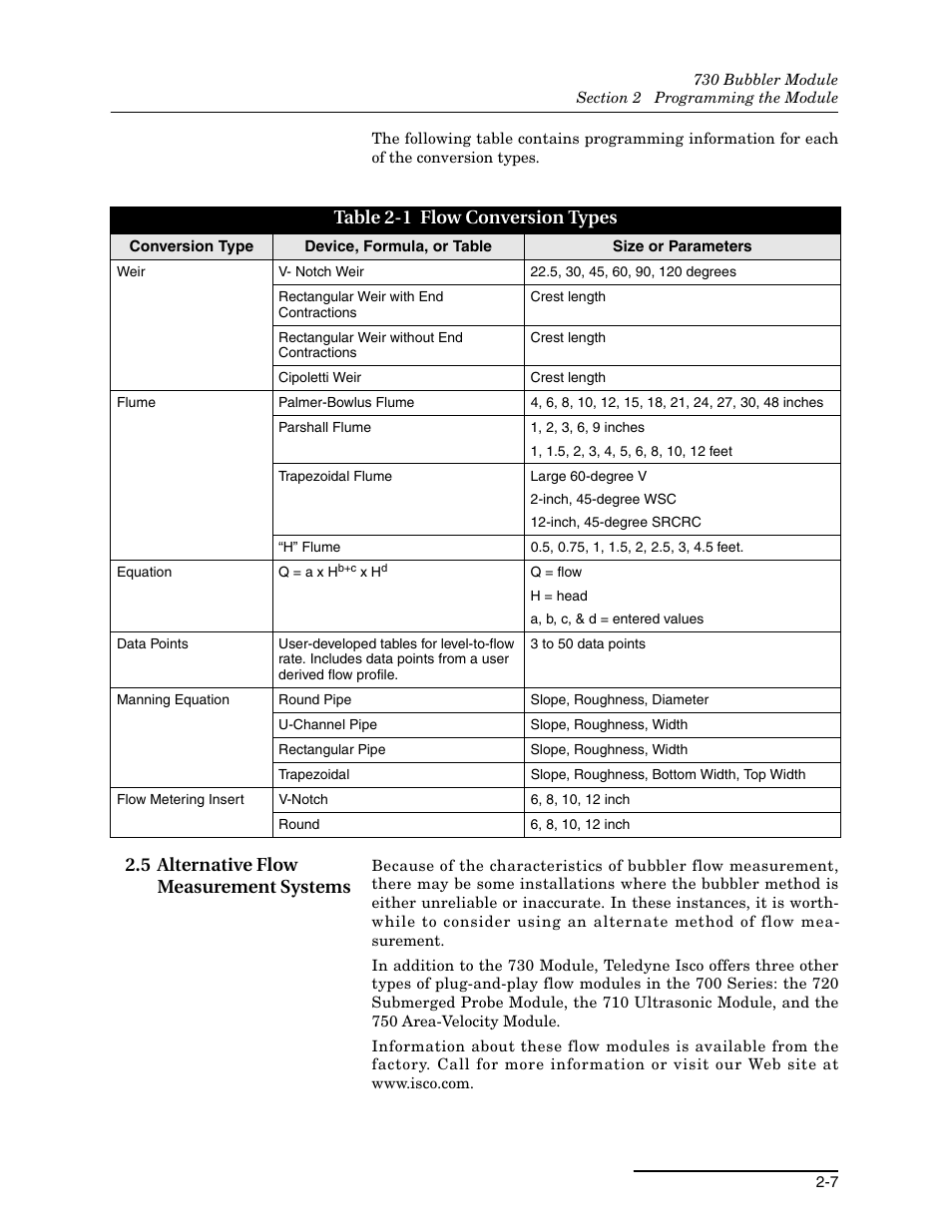 5 alternative flow measurement systems, 5 alternative flow measurement systems -7, 1 flow conversion types -7 | Table 2-1 flow conversion types | Teledyne 730 Bubbler User Manual | Page 19 / 44