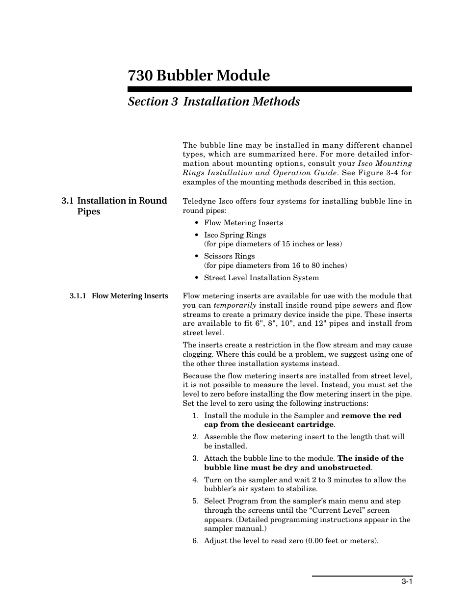 Section 3 installation methods, 1 installation in round pipes, 1 flow metering inserts | 1 installation in round pipes -1, 1 flow metering inserts -1, 730 bubbler module | Teledyne 730 Bubbler User Manual | Page 21 / 44