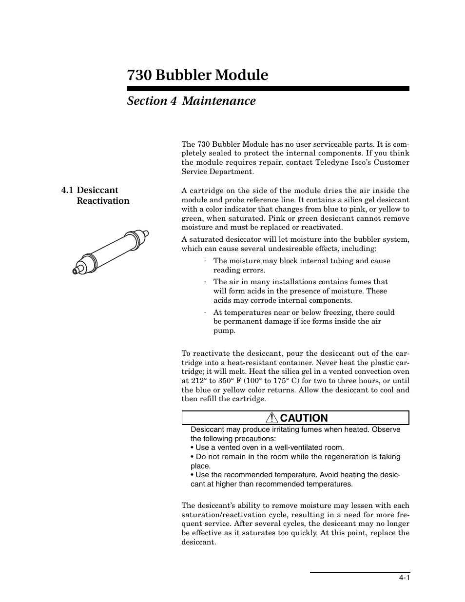 Section 4 maintenance, 1 desiccant reactivation, 1 desiccant reactivation -1 | 730 bubbler module, Caution | Teledyne 730 Bubbler User Manual | Page 27 / 44