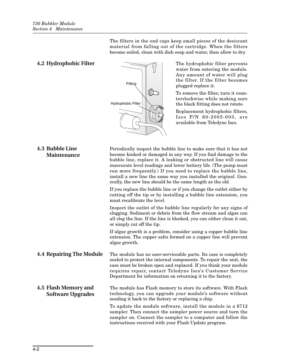 2 hydrophobic filter, 3 bubble line maintenance, 4 repairing the module | 5 flash memory and software upgrades | Teledyne 730 Bubbler User Manual | Page 28 / 44