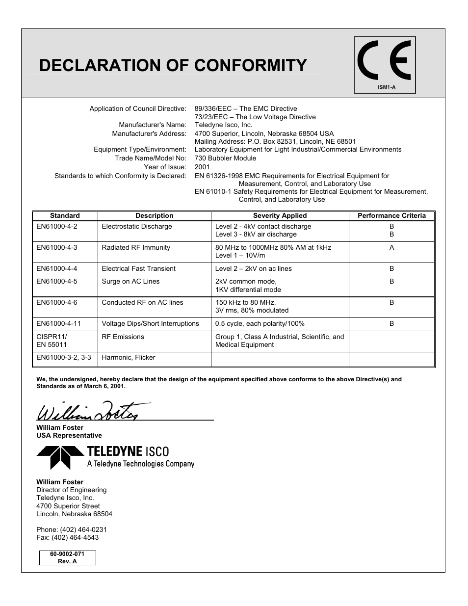 Compliance statements, Declaration of conformity, Ce declar ati on of conf orm ity | Teledyne 730 Bubbler User Manual | Page 41 / 44