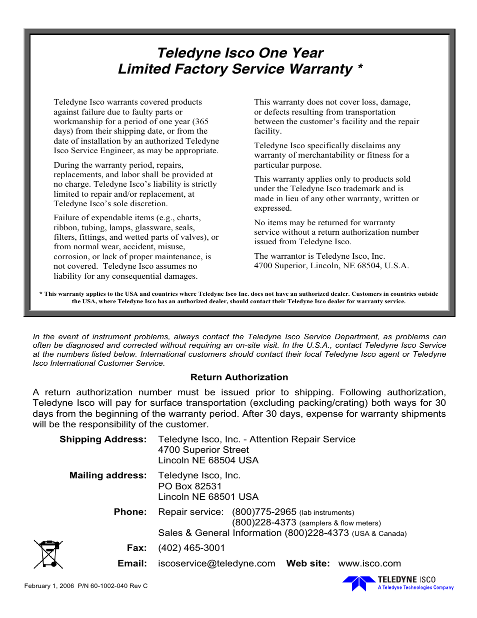 Warranty | Teledyne 730 Bubbler User Manual | Page 43 / 44