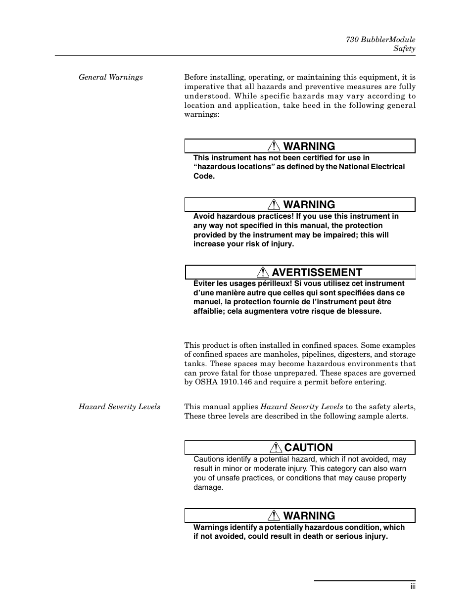 Safety, Warning, Avertissement | Caution | Teledyne 730 Bubbler User Manual | Page 5 / 44