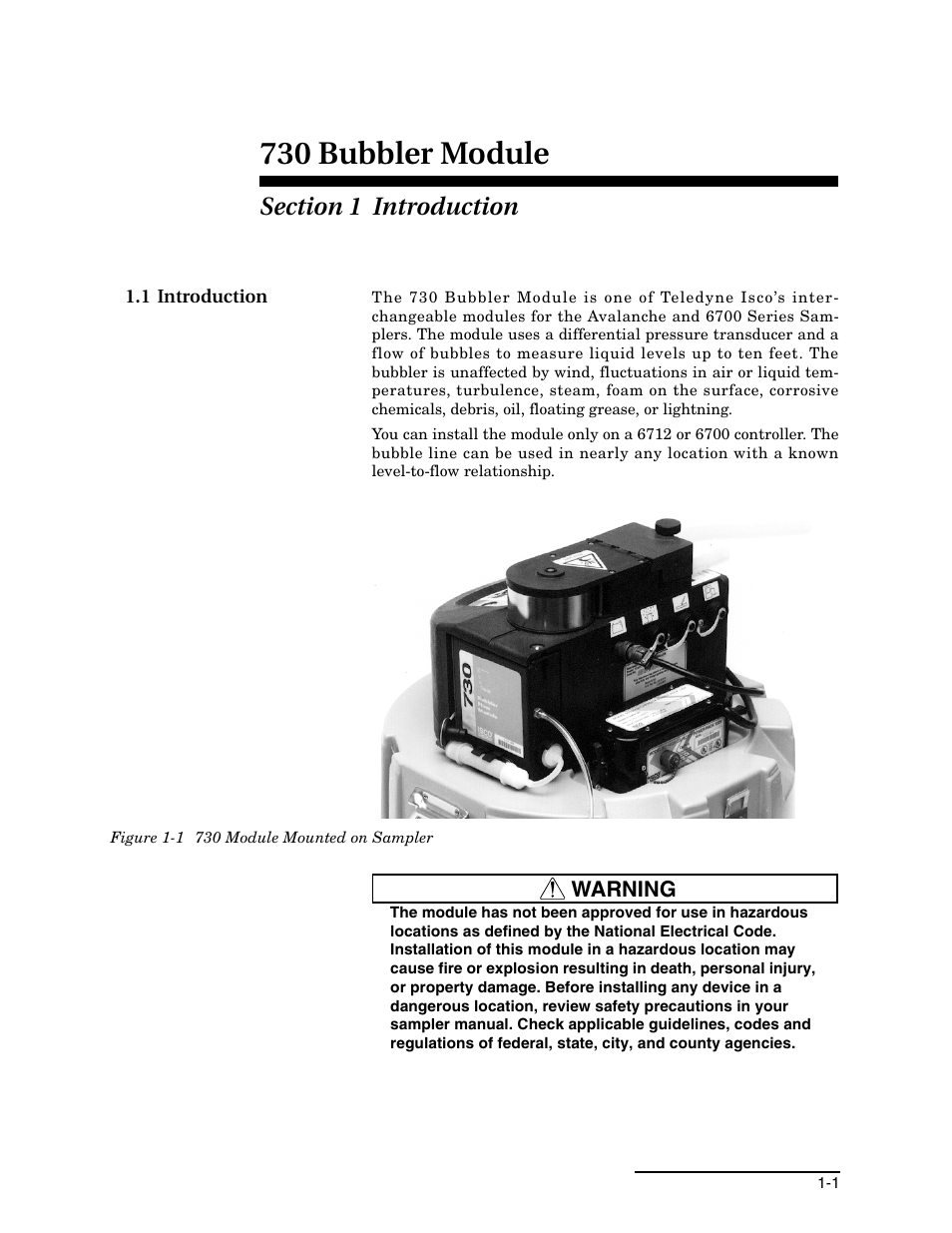 Section 1 introduction, 1 introduction, 1 introduction -1 | 1 730 module mounted on sampler -1, 730 bubbler module | Teledyne 730 Bubbler User Manual | Page 9 / 44