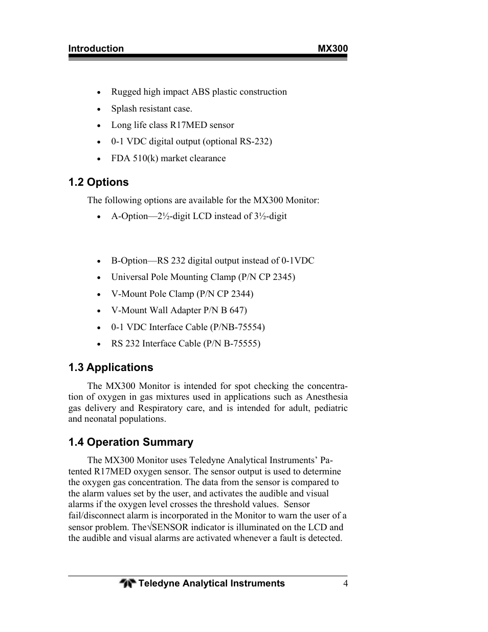 2 options, 3 applications, 4 operation summary | Teledyne MX300 User Manual | Page 12 / 41