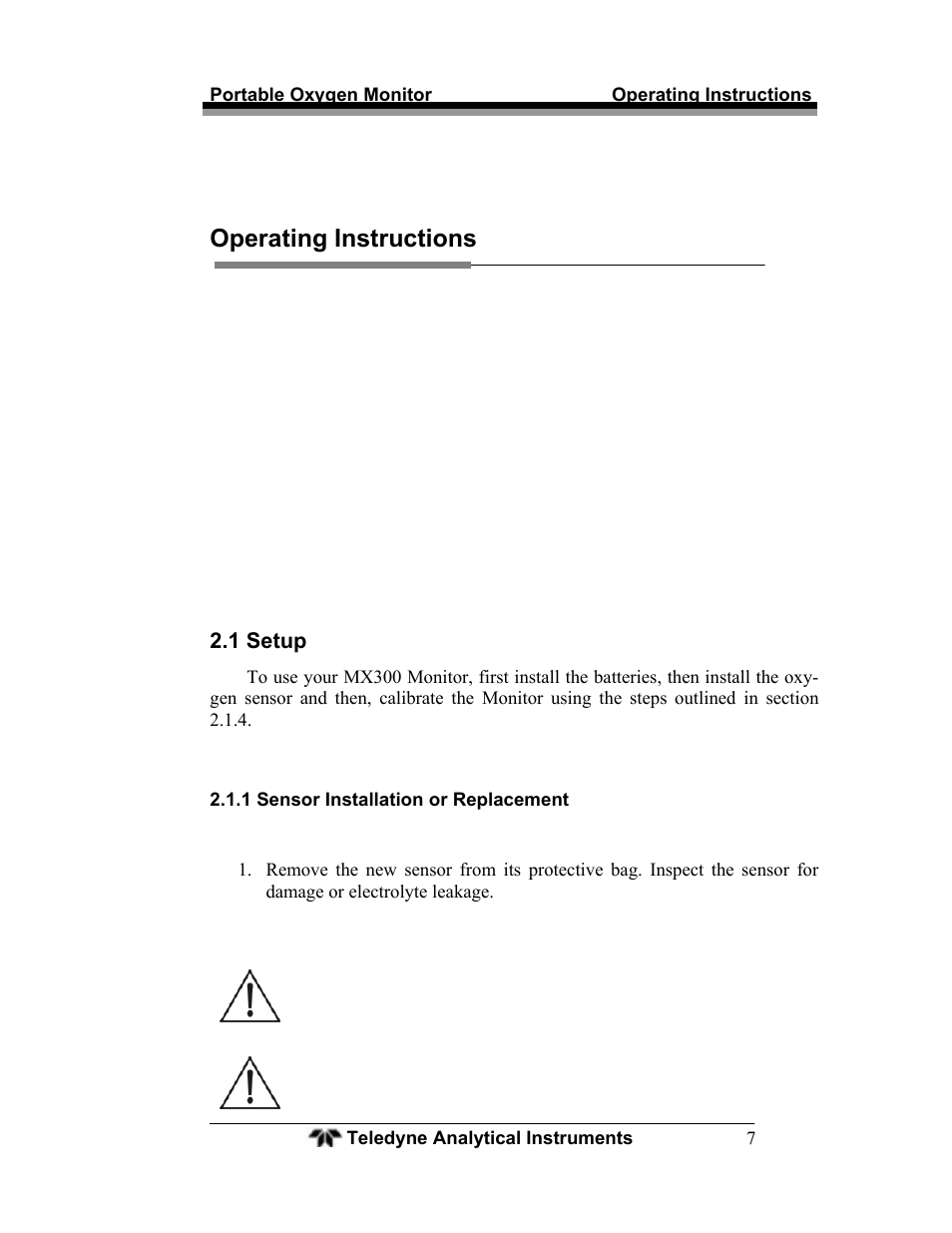 Operating instructions, 1 setup | Teledyne MX300 User Manual | Page 15 / 41