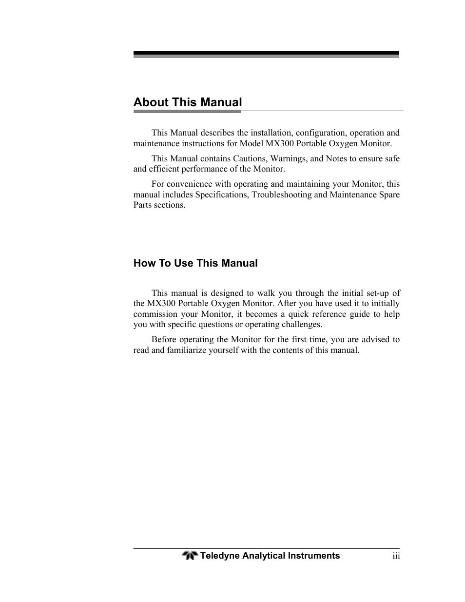 About this manual | Teledyne MX300 User Manual | Page 3 / 41