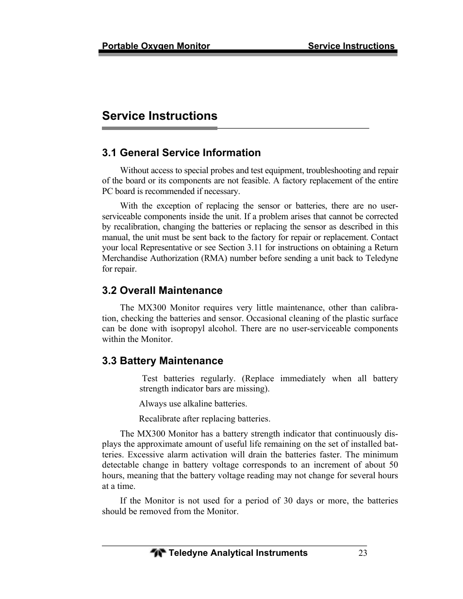 Service instructions | Teledyne MX300 User Manual | Page 31 / 41