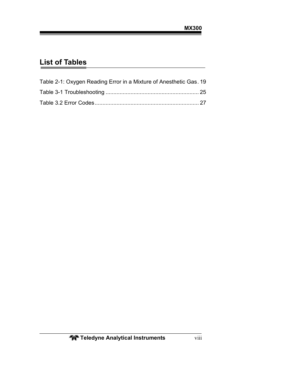 List of tables | Teledyne MX300 User Manual | Page 8 / 41